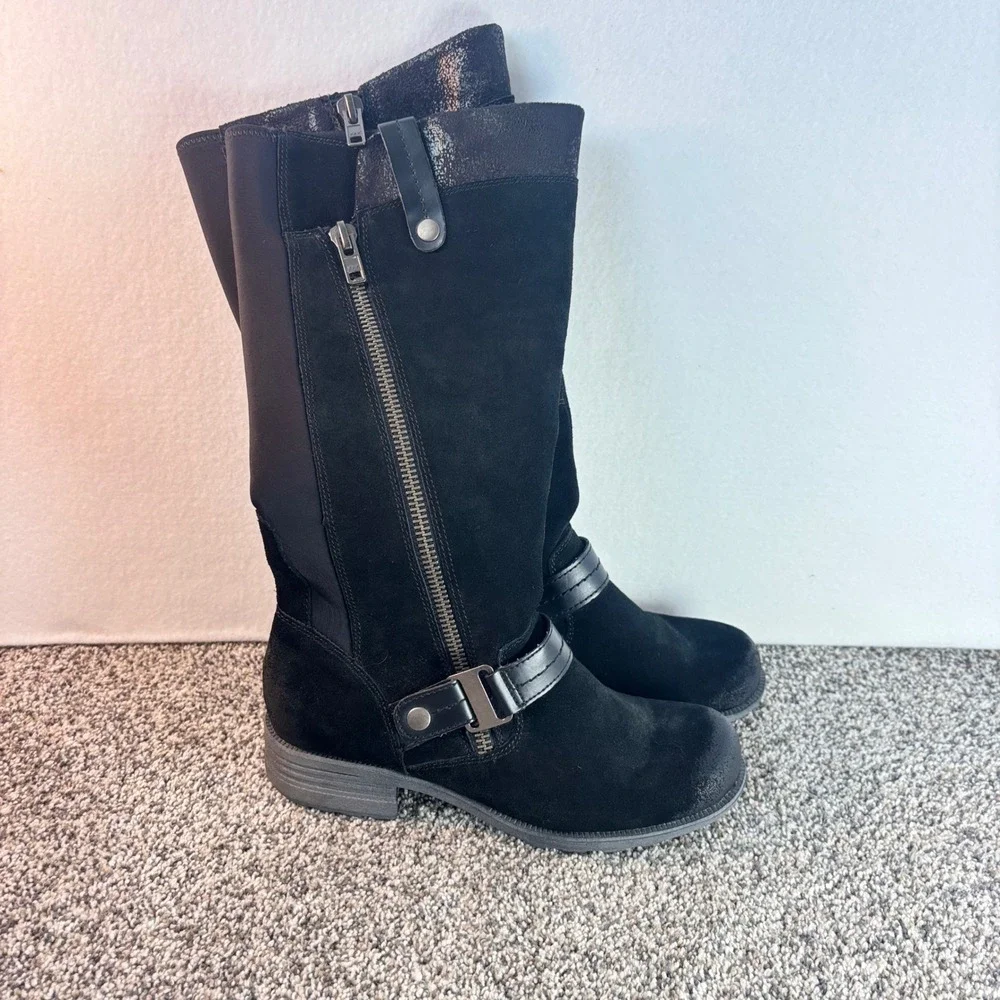 Earth Origins Black Suede Tall Boots Women Mixed Media Buckle Strap Zip Size 8